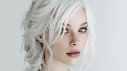 beauty portrait of a girl with white hair makeup and hairstyle on a white background no logos no brands ar 169