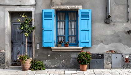 A charming old-world facade with vibrant blue shutters