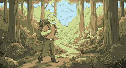 Elderly hiker with a backpack trekking through a sun-dappled forest path, enjoying a peaceful nature walk