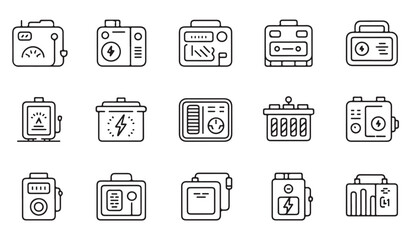 Outline icons of portable generator boxes, battery packs, and energy supply systems isolated on white