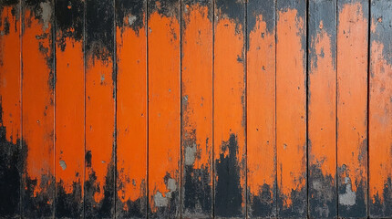 Grungy orange and black background wooden wall planks with peeling paint for Halloween spooky creepy backdrop