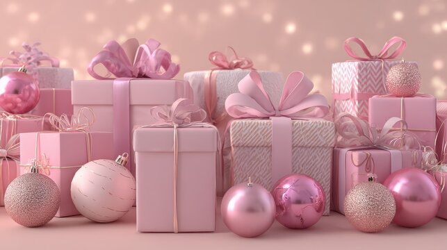 beautifully wrapped pink gifts and ornaments for a festive celebration during the holiday season - Powered by Adobe