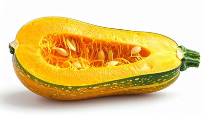 Halved Yellow Decorative Gourd with Seeds and Green Stem Against a White Background Studio Shot