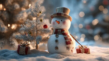 Obraz premium christmas card with snowman and christmas tree
