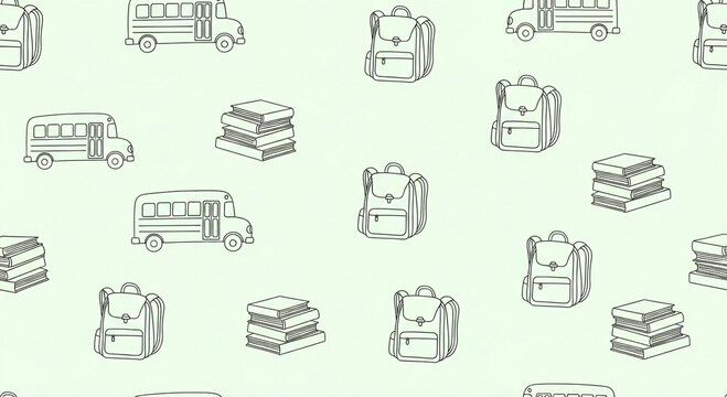 Seamless Pattern of Hand Drawn School Buses Stacked Books and Backpacks for Educational Themed Designs