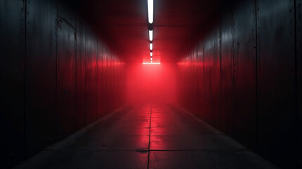 Red neon in concrete hallway with creepy lights and fog