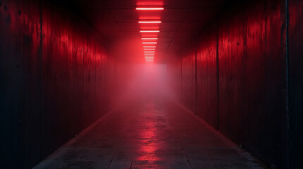 Red neon in concrete hallway with creepy lights and fog