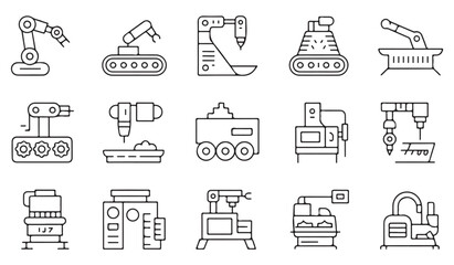 Fototapeta premium Black stroke icon set of industrial machinery, robotic arms, and automated systems for technology projects