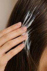 Obraz premium Close-up of a hand applying a mask or serum to hair