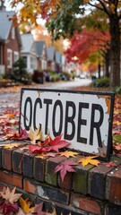 Autumn greeting of october: sign reading 'OCTOBER' amid fallen leaves against a colorful urban neighborhood