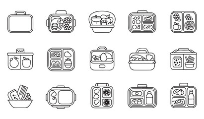 Minimal black stroke symbols of bento boxes, snacks, and drinks for lifestyle, diet, and nutrition projects