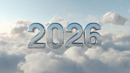 The year 2026 floats among the clouds, a hopeful vision for the future. The silvery numbers are set against a backdrop of fluffy clouds