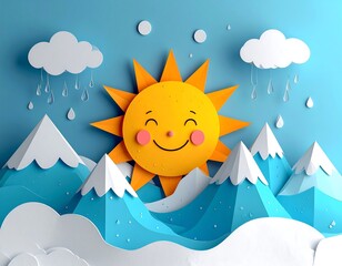 A cheerful sun peeks through clouds and rain above snowy mountains