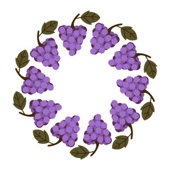 Circular wreath of lush purple grape clusters with green leaves, vibrant harvest palette, flat design, symmetrical fruit arrangement, wine-themed decorative pattern