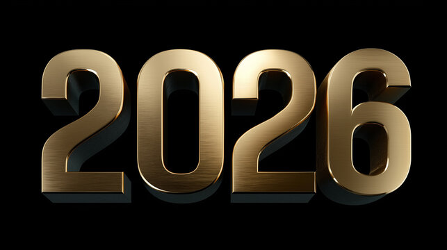 A golden-colored 2026 year number against black background. This image is perfect for illustrating concepts related to the future, planning, or events in the year 2026.