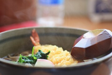 Ebi Tempura Soba. Delicious, fresh, healthy, steaming, home cooked, fried shrimp, soba soup.