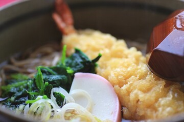 Ebi Tempura Soba. Delicious, fresh, healthy, steaming, home cooked, fried shrimp, soba soup.