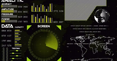 Motion Graphic of 3D HUD radar display screen UI Technology Interface Screen with Futuristic Elements; World Map, Graph & Chat Panel. Abstract Background Video Concept - 4K - Powered by Adobe