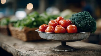 Fresh vegetables including tomatoes and broccoli displayed on a vintage weighing scale at a market