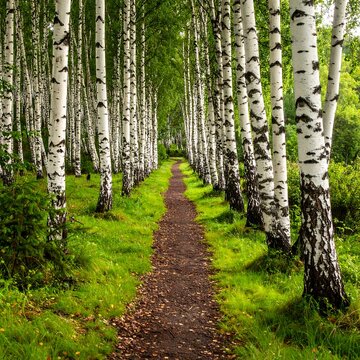 A path through a birch forest. Lush greenery and tall trees line a winding trail