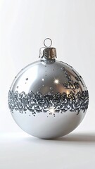 Silver Bauble with Dark Glitter Accents on White Seamless Background