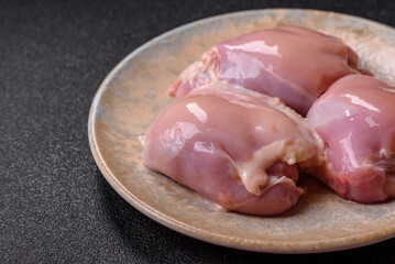 Raw chicken thigh fillet, poultry meat as a source of protein. Chicken thigh fillet