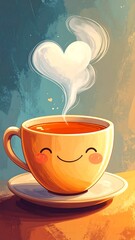 A cheery cup of tea with a heart-shaped steam