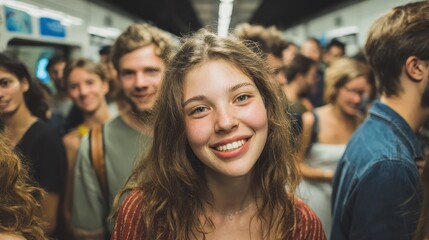 Fototapeta premium young group of people having fun in subway metro station main focus on center woman face no logos no brands ar 169