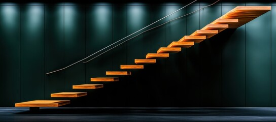 Minimalist interior: floating wood stairs with metal handrail on a dark green wall. Modern design for homes/commercial spaces, dimly lit