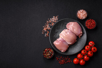 Raw chicken thigh fillet, poultry meat as a source of protein. Chicken thigh fillet
