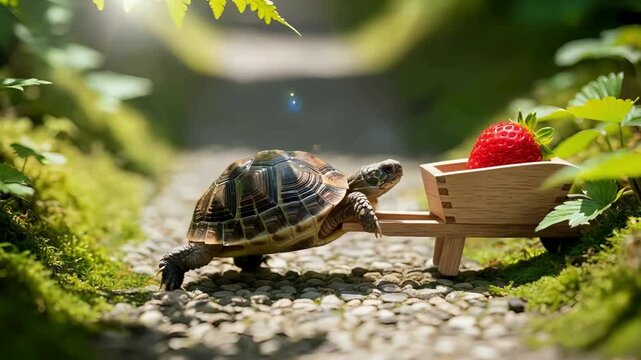 Adorable turtle pulling a tiny wooden cart filled with a ripe strawberry along a sun-dappled forest path