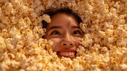 Obraz premium top view of cheerful asian woman buried in delicious popcorn going to watch interesting movie with tasty snack has happy mood smiles toothily human face around air popped corn creative shot no logos 