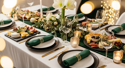 Christmas table setting, new year festive dining outdoors in a garden restaurant, christmas food and decorations, banquet, candles and lights, elegant table layout with fir tree branches and flowers.
