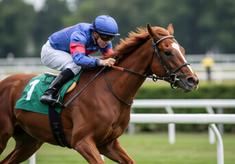 Fototapeta premium Jockey man riding a racehorse with number 1 bib. Horse racing sport and competition event. Dynamic action shot of a running animal.