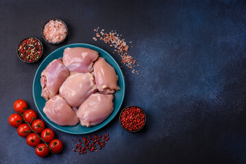Raw chicken thigh fillet, poultry meat as a source of protein. Chicken thigh fillet