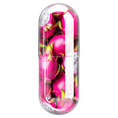 Natural Dragon Fruit (Pitaya) Supplement Capsule with Visible Pink Fruit Isolated
