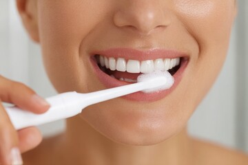 Close-up of a smiling woman brushing her healthy white teeth with a foamy toothbrush.