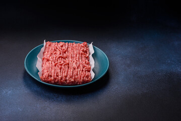 Raw ground beef or pork, prepared meat for burgers or other food preparation. Raw ground beef