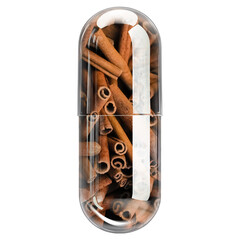 Clear Glass Capsule with Visible Cinnamon Bark Extract (Cinnamomum) Isolated PNG