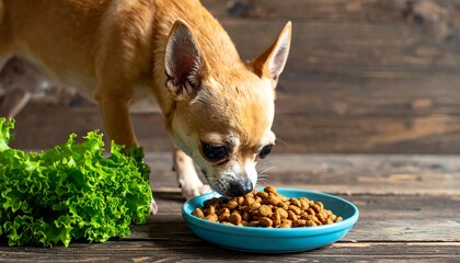 A chihuahua eating dog food beside lettuce