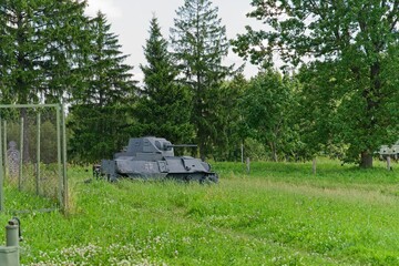 Minsk region, Belarus, July 12, 2025. A German tank from World War II on the Stalin Line.                               