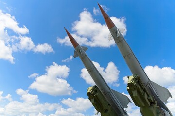  Minsk region, Belarus, July 12, 2025. Anti-aircraft missiles against the sky.                              