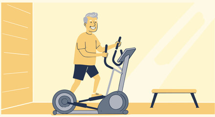 Elderly man exercising on elliptical machine indoors, promoting active and healthy lifestyle in retirement