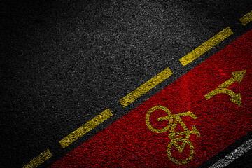 Empty asphalt road with cycle track and bike sign white dividing lines safety first, Top view, illustrations