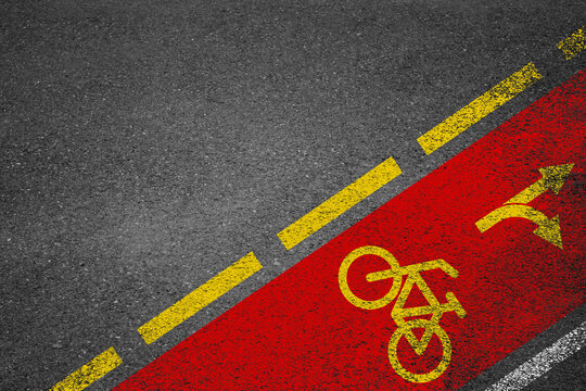 Empty asphalt road with cycle track and bike sign white dividing lines safety first, Top view, illustrations - Powered by Adobe