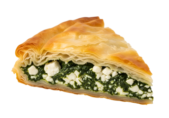 Close-up of a golden-brown, flaky pastry pie, showcasing a filling of spinach and feta cheese.