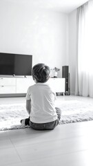 A child sits on the floor watching TV