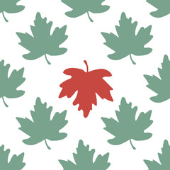 Seamless pattern with mint green maple leaves and a single vibrant red maple leaf on a white background, modern flat design, fresh and decorative