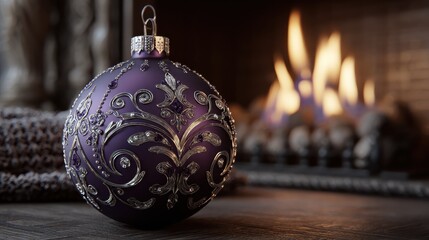 purple christmas ornament with silver patterns by fireplace matte purple bauble with elegant silver design and warm fireplace light festive purple and silver holiday ball in cozy christmas interior