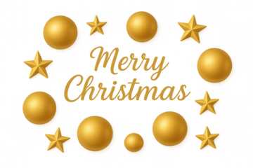Golden merry christmas typography surrounded by shining festive baubles and stars, creating a joyful holiday design with a transparent background